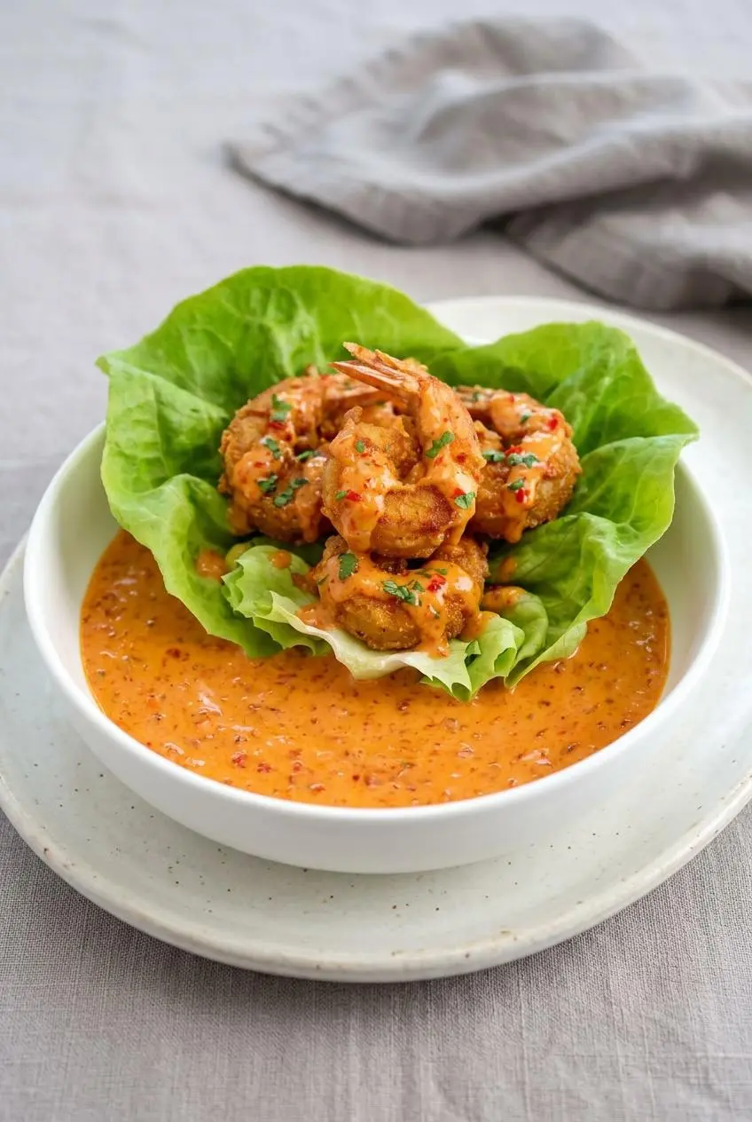 Butter lettuce cups filled with crispy keto bang bang shrimp, scallions, and sesame seeds.