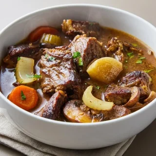 Keto beef stew with tender chuck roast and mushrooms in a rich, glossy herb broth