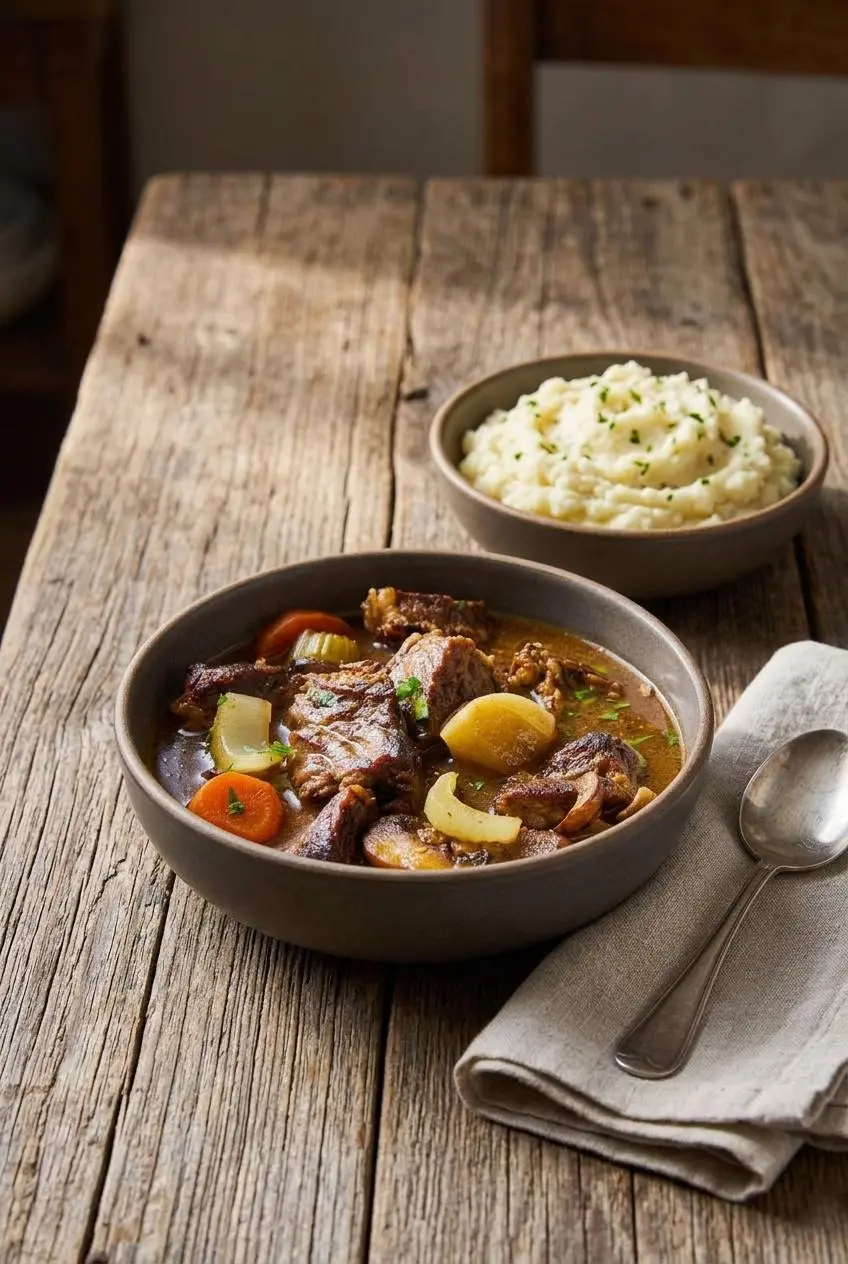 Keto beef stew served alongside buttery garlic mashed cauliflower in rustic bowls