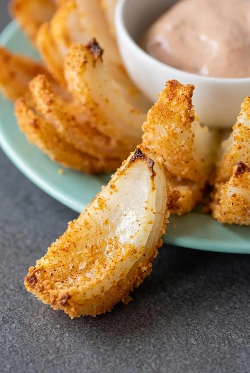 Close-up of crispy keto blooming onion petals showing even spiced crust adhesion and tender interior.