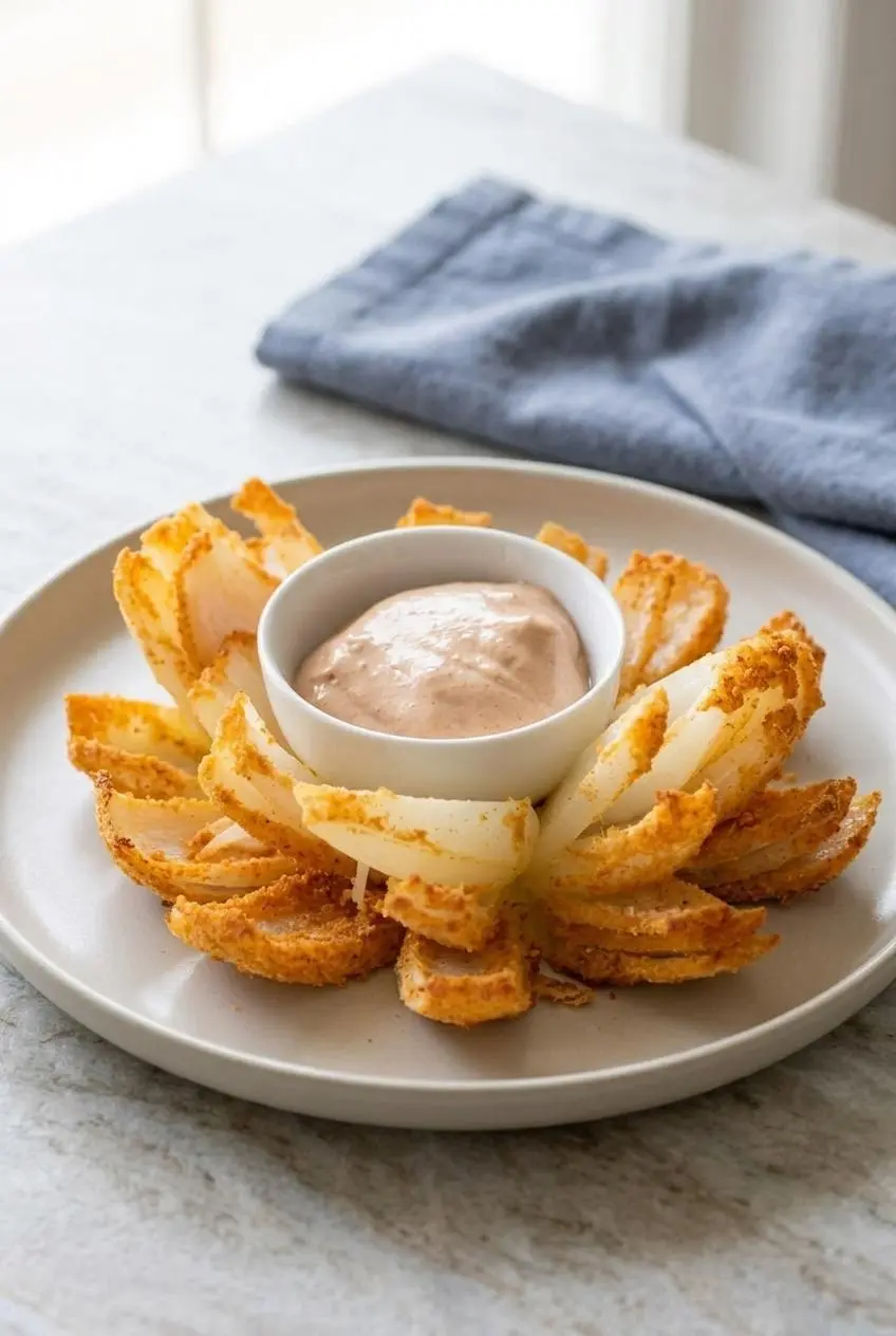 Keto blooming onion on a serving platter with creamy horseradish dipping sauce in the center.