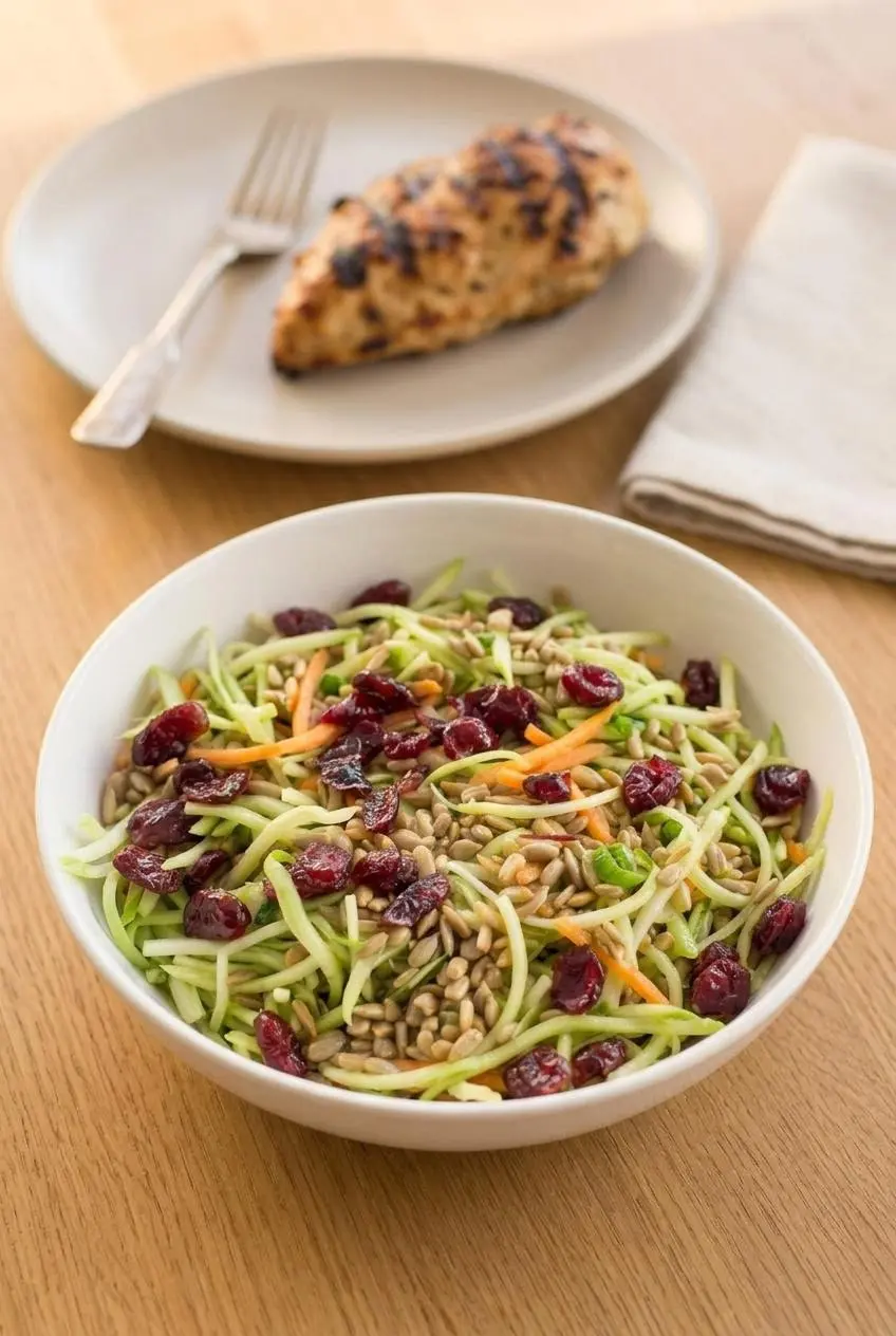 Bowl of crunchy broccoli slaw served alongside grilled chicken on a patio dinner table.