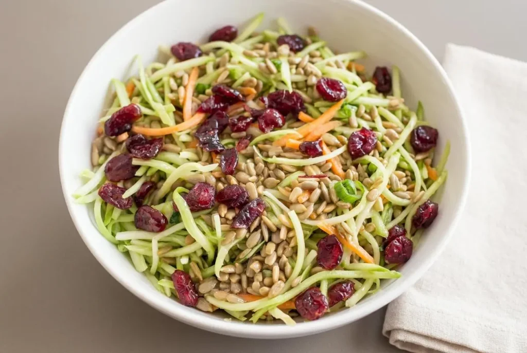 Crisp keto broccoli slaw recipe tossed with roasted sunflower seeds, tart cranberries, and glossy vinaigrette.