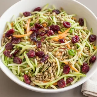 Crisp keto broccoli slaw recipe tossed with roasted sunflower seeds, tart cranberries, and glossy vinaigrette.