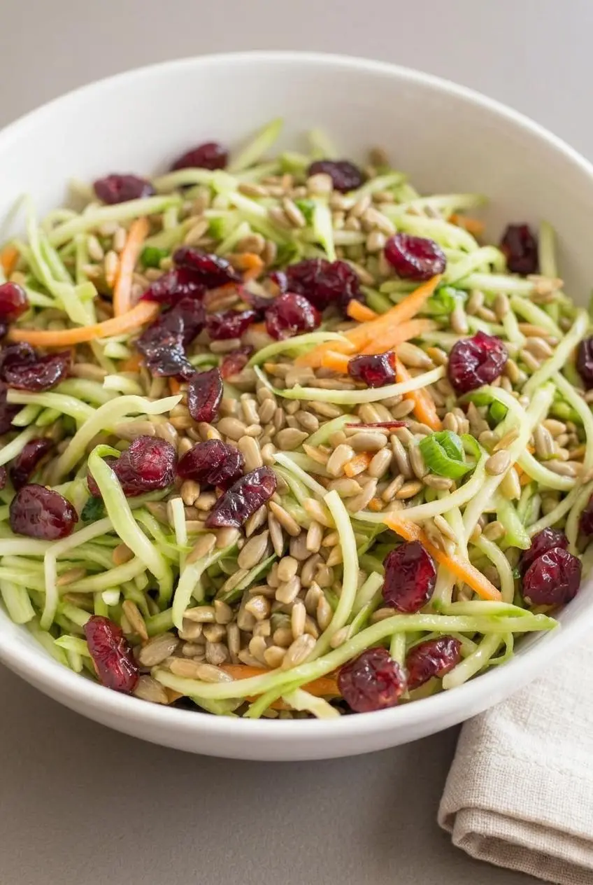 Close-up of julienned broccoli slaw coated in a smooth emulsified vinaigrette with sunflower seeds and cranberries.