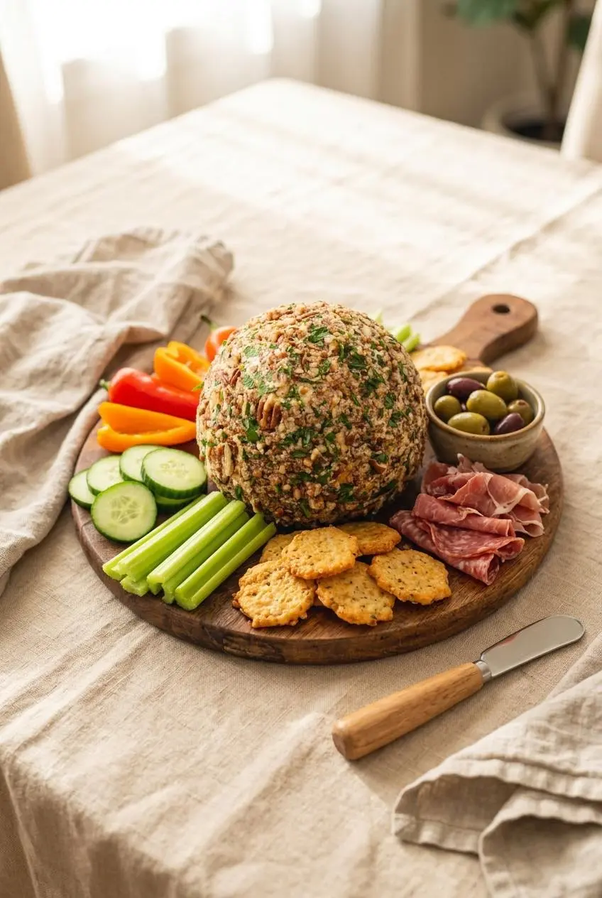 Keto bacon ranch cheese ball served with cucumber slices, celery, bell peppers, keto crackers, meats, and olives.