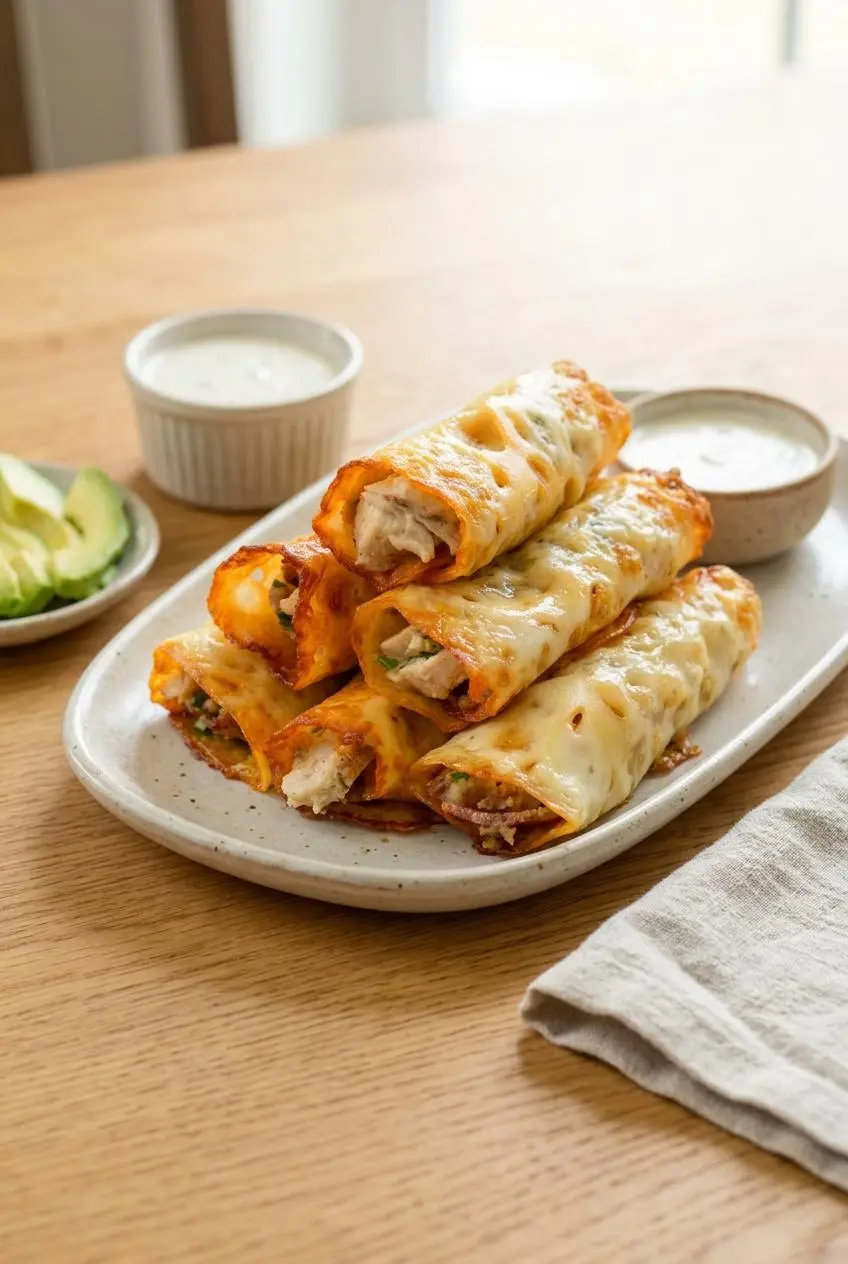Platter of keto chicken bacon ranch taquitos served seam-side down with ranch dip and fresh avocado slices.