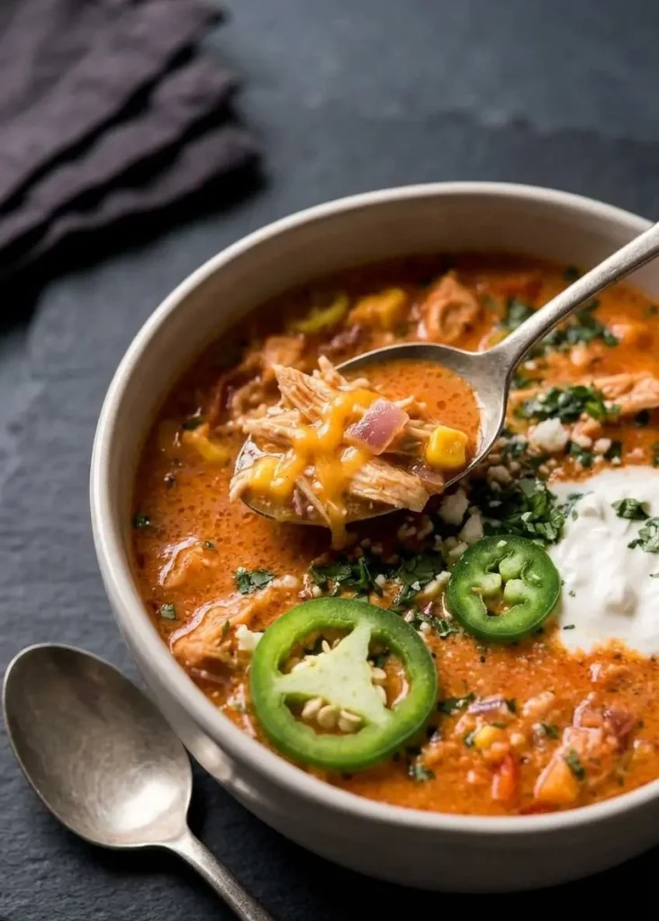 Spoonful of keto chicken enchilada soup displaying smooth, emulsified cheddar broth and shredded chicken.