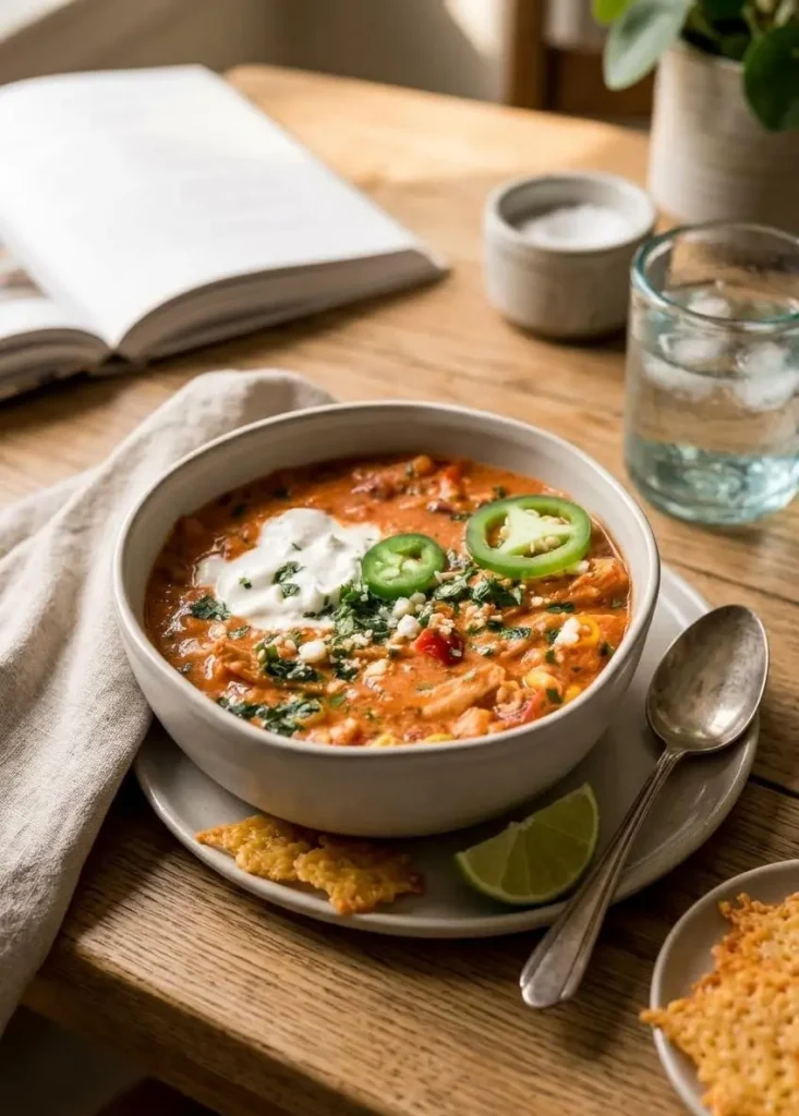 Keto chicken enchilada soup garnished with diced avocado and sliced jalapeño alongside crisp cheese crackers.