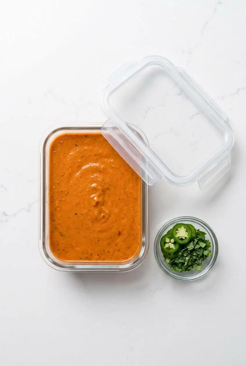 Glass meal prep container holding keto chicken enchilada soup next to fresh jalapeño and cilantro garnishes.