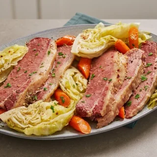 Keto corned beef and cabbage recipe platter with tender sliced brisket, braised cabbage, carrots, and dipping sauces