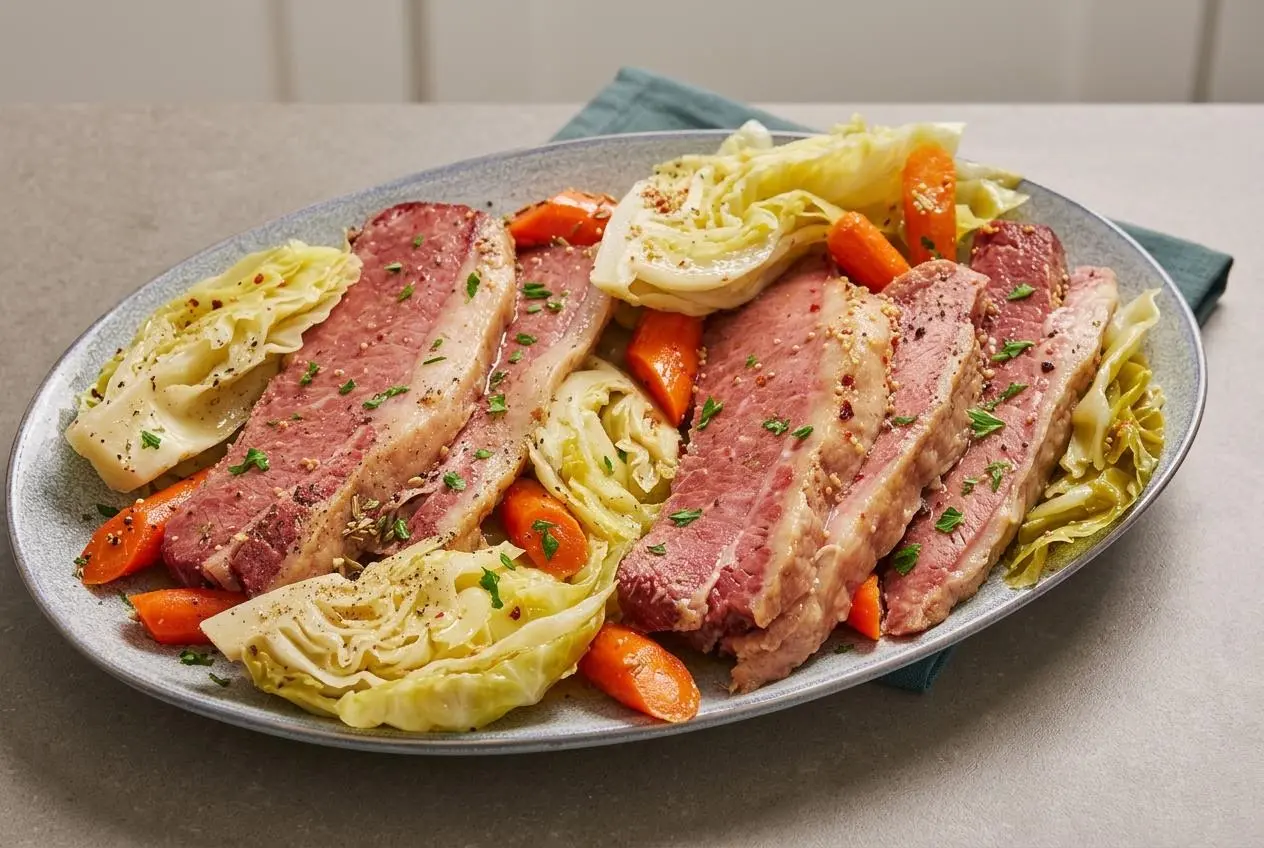 Keto corned beef and cabbage recipe platter with tender sliced brisket, braised cabbage, carrots, and dipping sauces