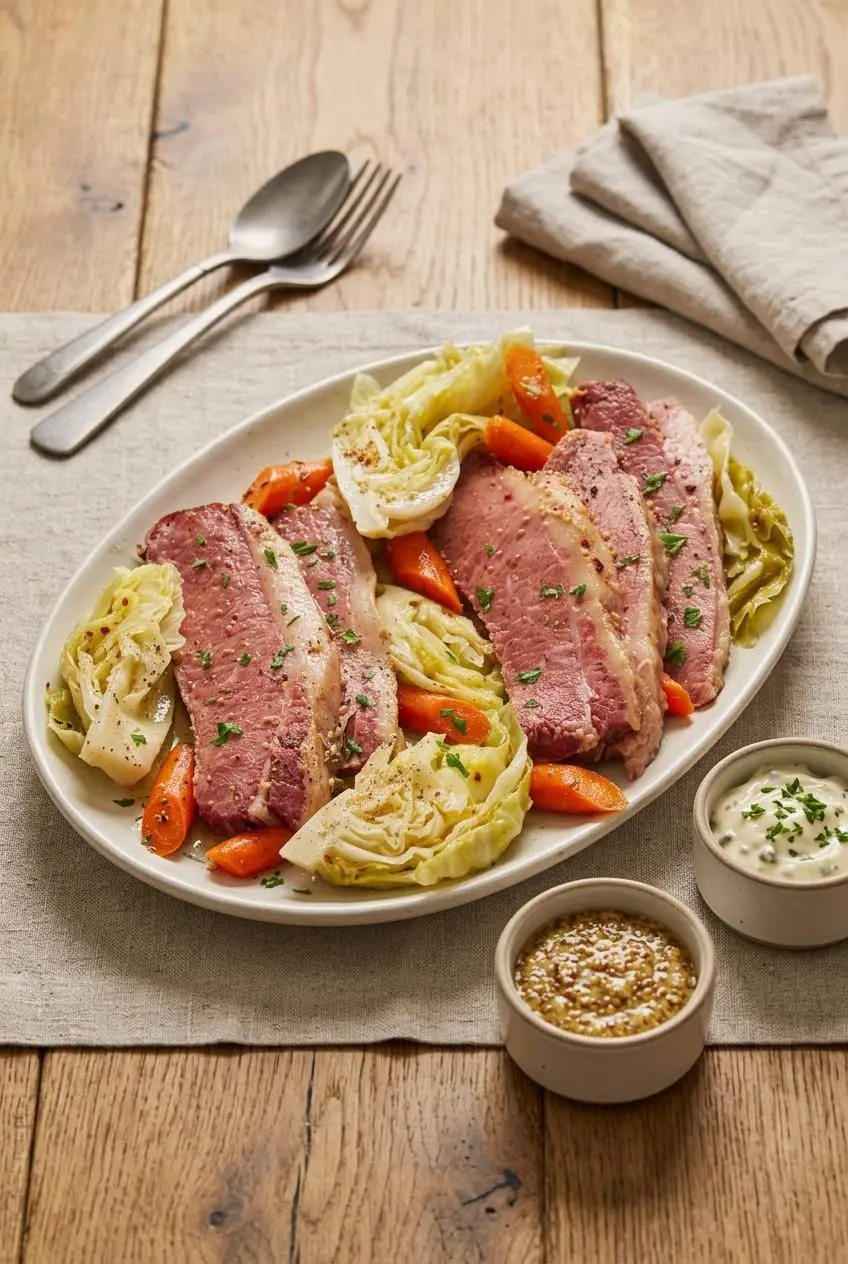Platter of keto corned beef and cabbage with small bowls of Dijon mustard sauce and creamy caper mayonnaise