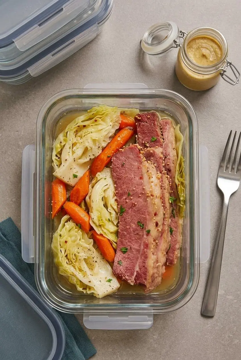 Meal prep glass container packed with carved corned beef in braising broth, cabbage wedges, and prep jars of sauce