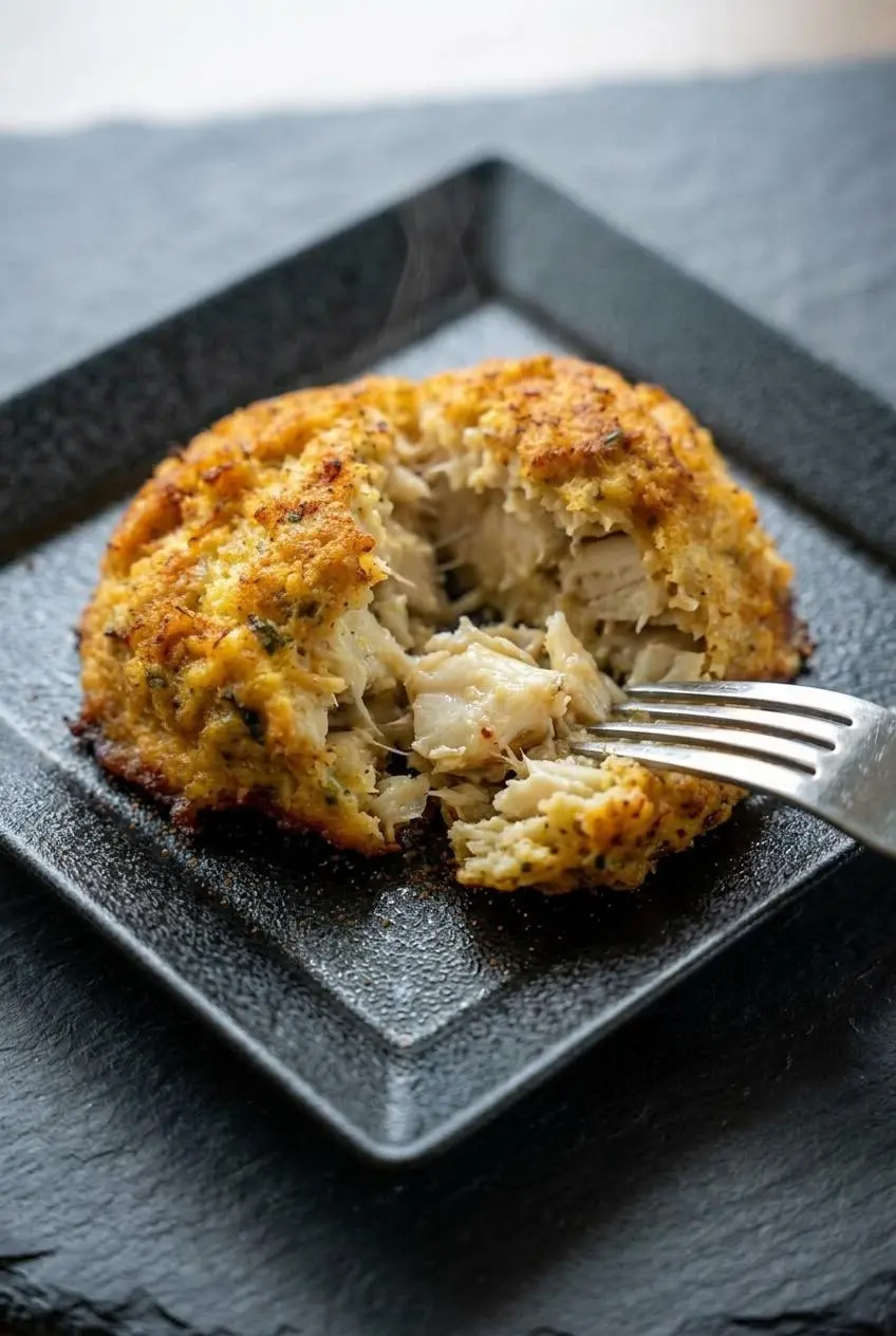 Close-up of a tender keto crab cake parted with a fork, showing large jumbo lump crab pieces inside.