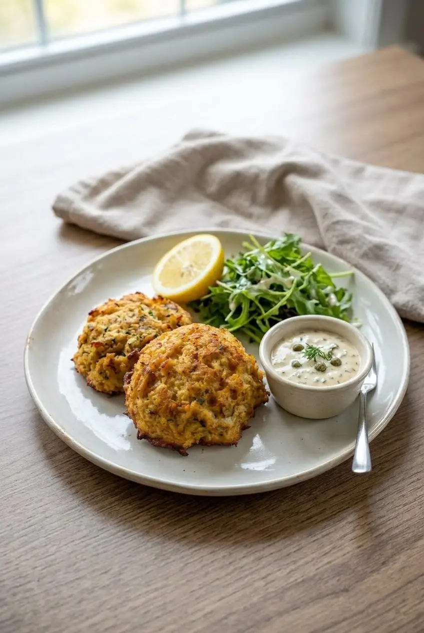 Plated keto crab cakes served with creamy dill remoulade, a fresh lemon wedge, and mixed baby greens.