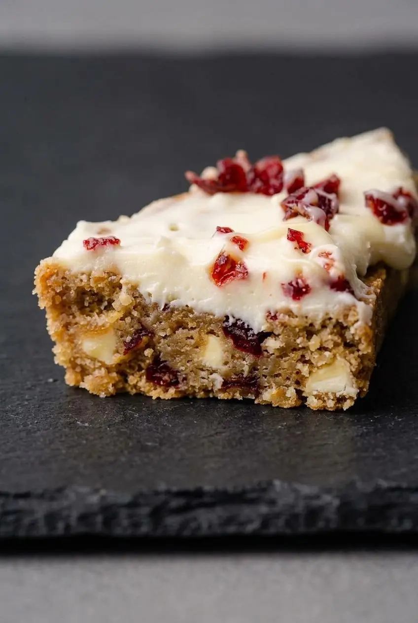 Close-up cross-section of a spiced keto cranberry bliss bar showing golden crumb and thick cream cheese frosting