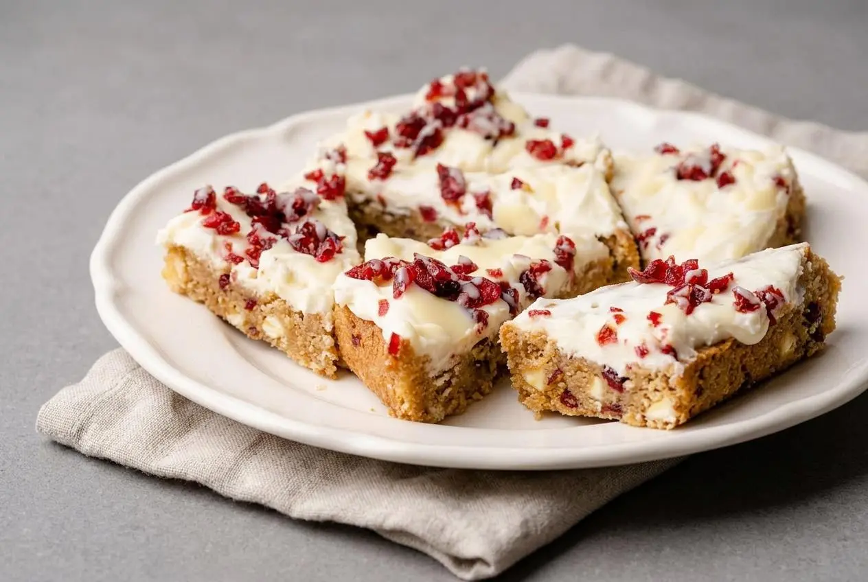 Triangle-cut keto cranberry bliss bars with creamy frosting, dried cranberries, and glossy white chocolate drizzle