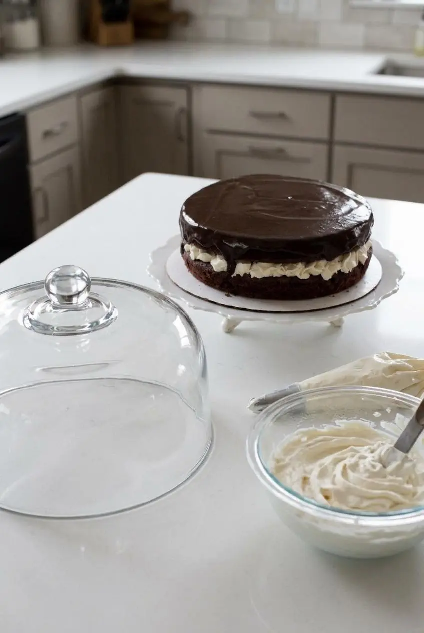 Assembled chocolate layer cake on a counter next to a clear cake carrier dome and a glass bowl of piped whipped cream.
