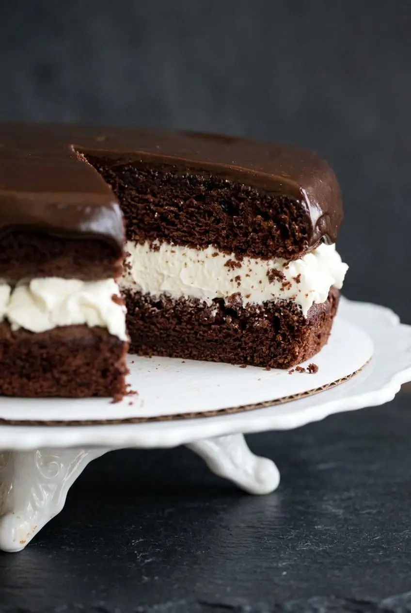 Close-up cross-section of layered chocolate cake showing moist crumb, smooth white cream filling, and glossy ganache.