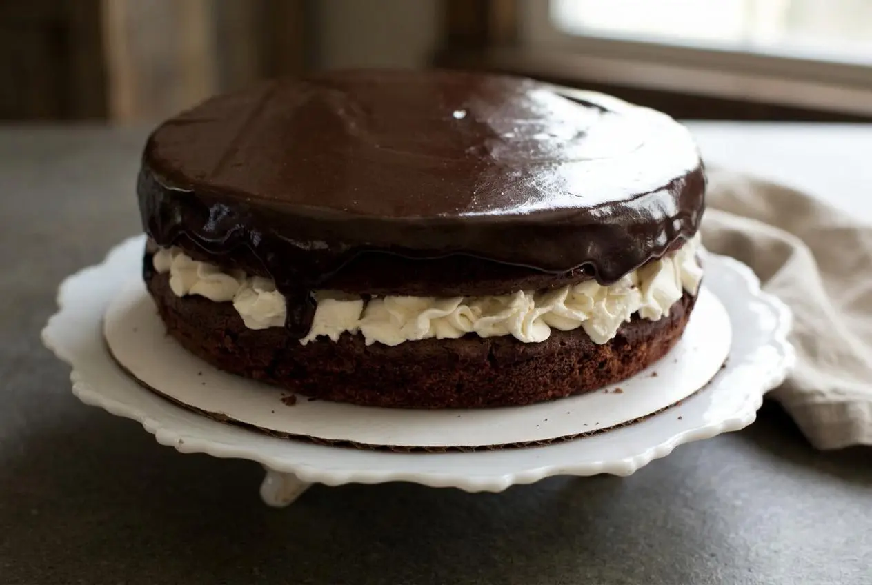 Keto ding dong cake with dark chocolate layers, thick white cream filling, and glossy fudge ganache.