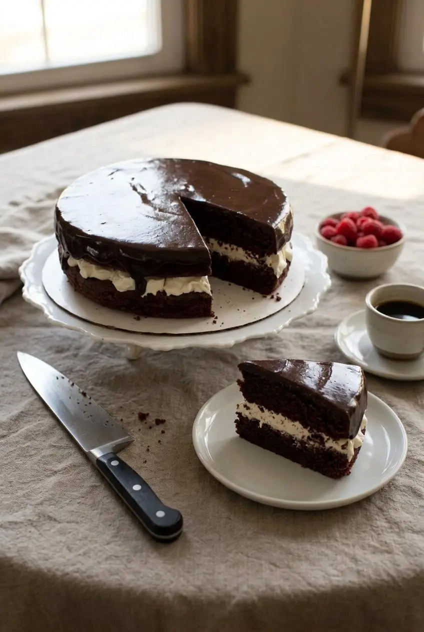 Chilled keto ding dong cake with a clean slice plated beside a sharp knife, fresh raspberries, and black espresso.
