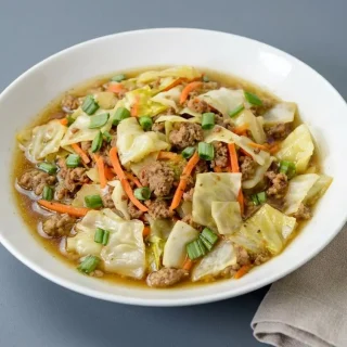 Keto egg roll soup in a ceramic bowl with tender cabbage, browned sausage, and sliced green onions.