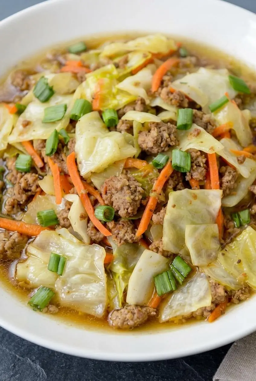 Close-up of keto egg roll soup broth showing tender wilted cabbage ribbons and browned pork sausage.