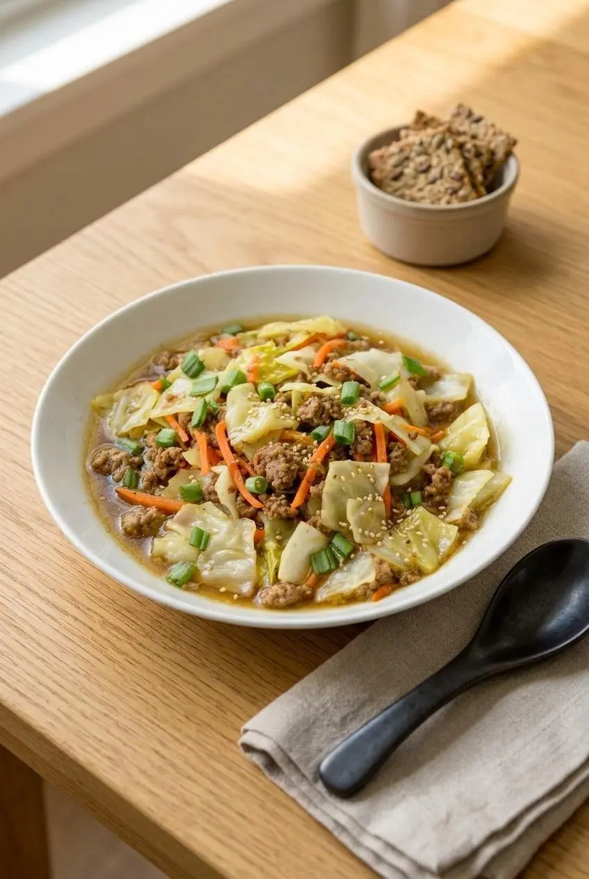 Keto egg roll soup garnished with sesame seeds and green onions on a dining table with low-carb crackers.