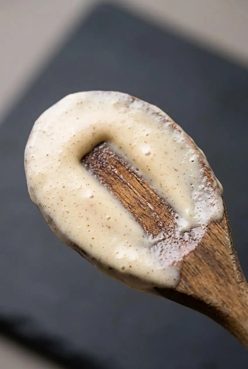 Wooden spoon coated in thick eggnog custard showing a clean finger swipe trail.
