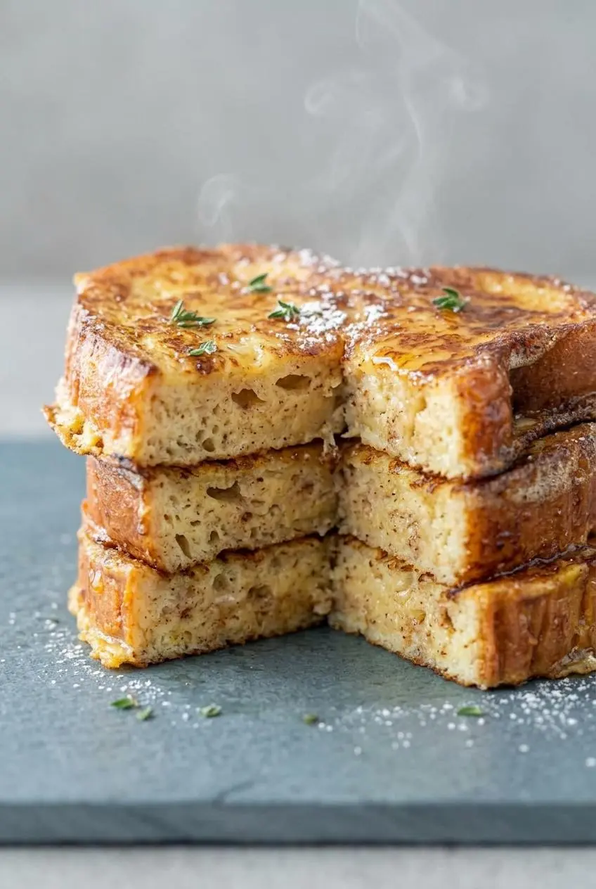 Cross-section macro texture of low-carb French toast with a set custardy interior and crisp browned crust.