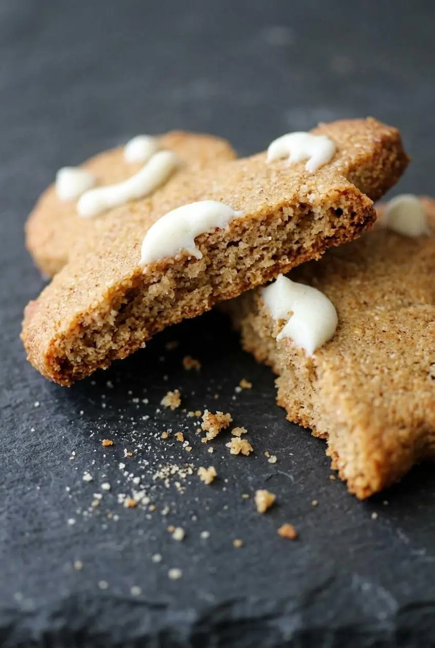 Snapped keto gingerbread cookie revealing a tender spiced almond flour crumb and crisp baked edge.