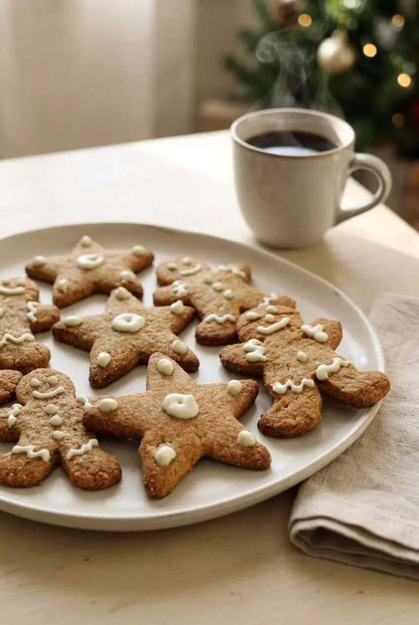 Decorated keto gingerbread cookies arranged on a ceramic holiday platter next to hot black coffee.