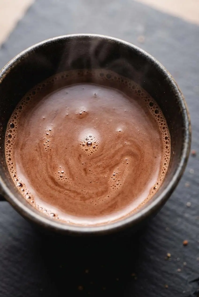 Close-up view of smooth, lump-free keto hot chocolate with delicate froth along the mug edge.