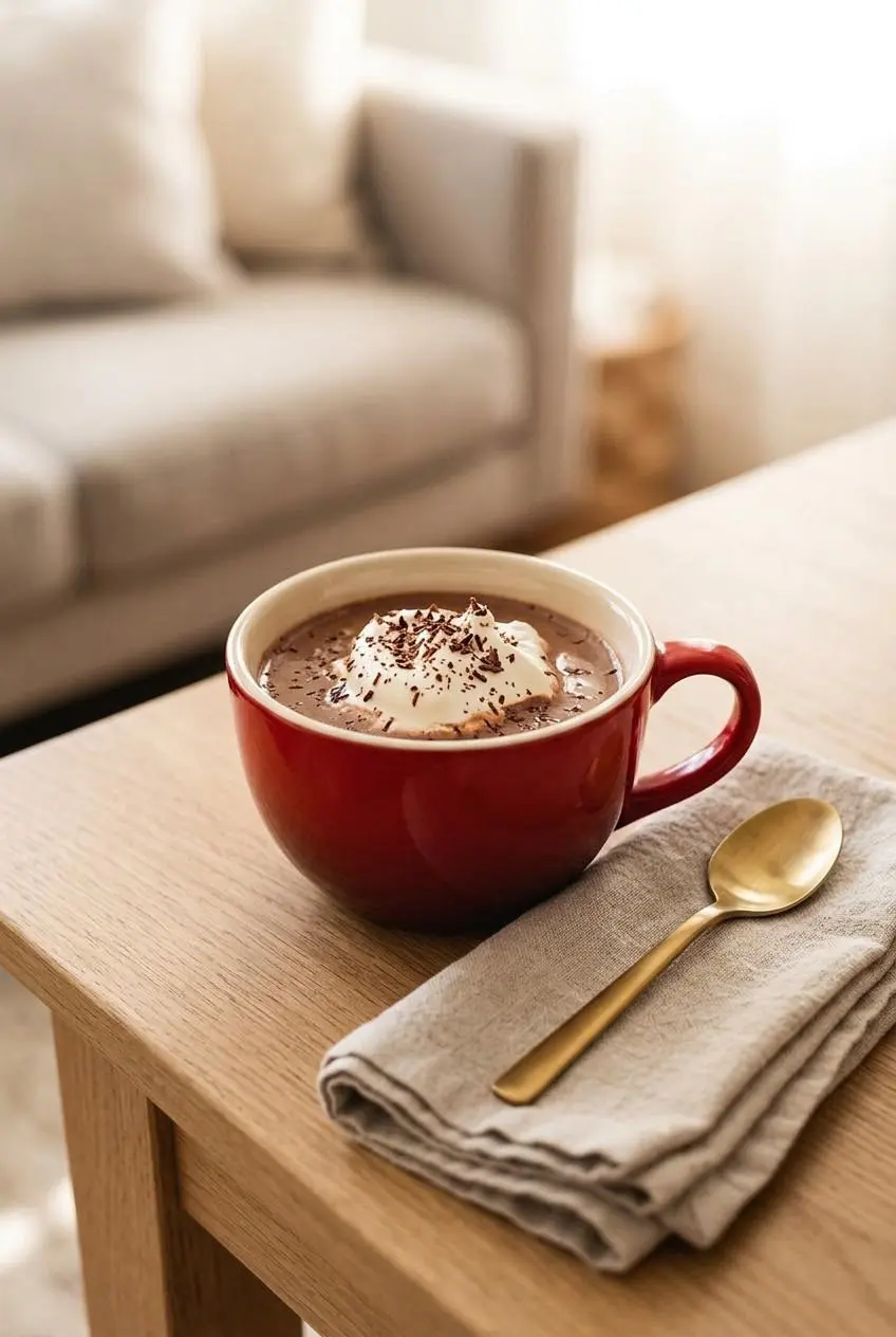 Keto hot chocolate topped with freshly whipped cream and delicate dark chocolate curls on a table.