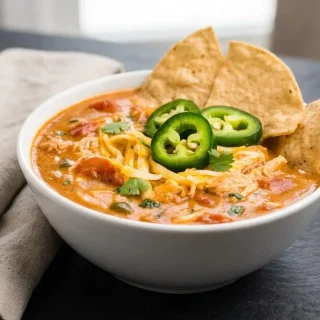 Bowl of keto king ranch chicken soup with creamy cheesy broth, tender chicken chunks, tomatoes, and green chiles