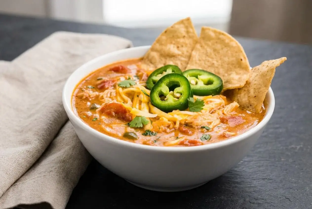 Bowl of keto king ranch chicken soup with creamy cheesy broth, tender chicken chunks, tomatoes, and green chiles