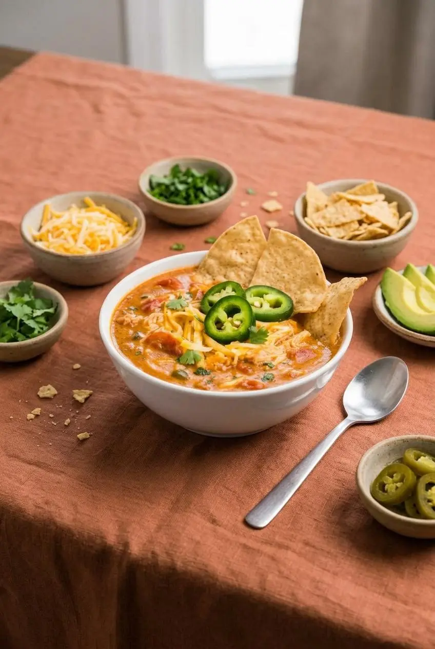 Bowl of King Ranch chicken soup on a table surrounded by small bowls of cheese, cilantro, chips, avocado, and jalapeno