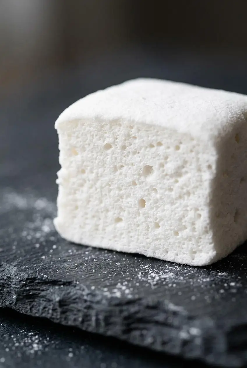 Macro view of a sliced keto marshmallow showing springy micro-aerated interior bubbles and dry matte edges.
