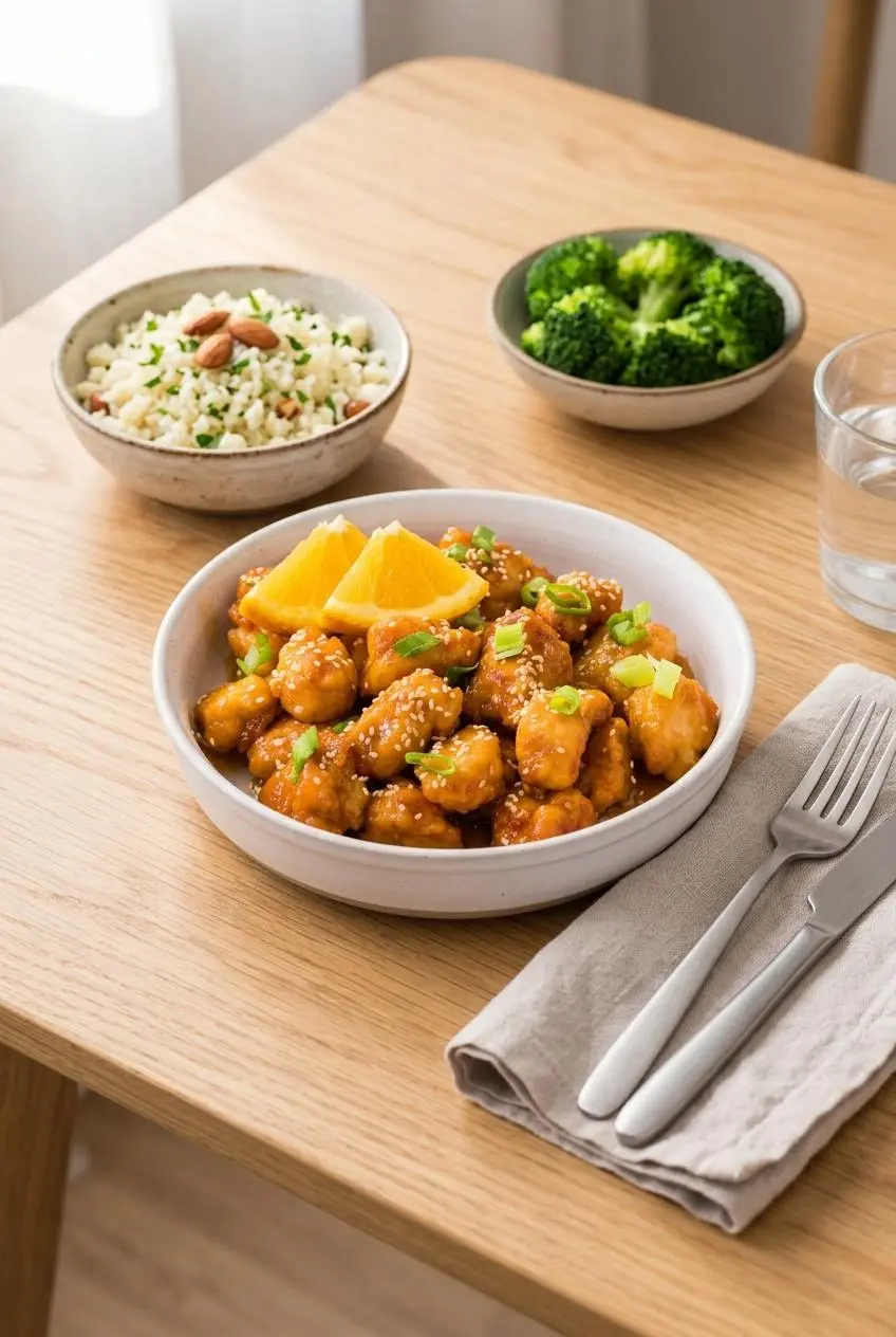 Keto orange chicken garnished with sesame seeds beside cauliflower rice and broccoli