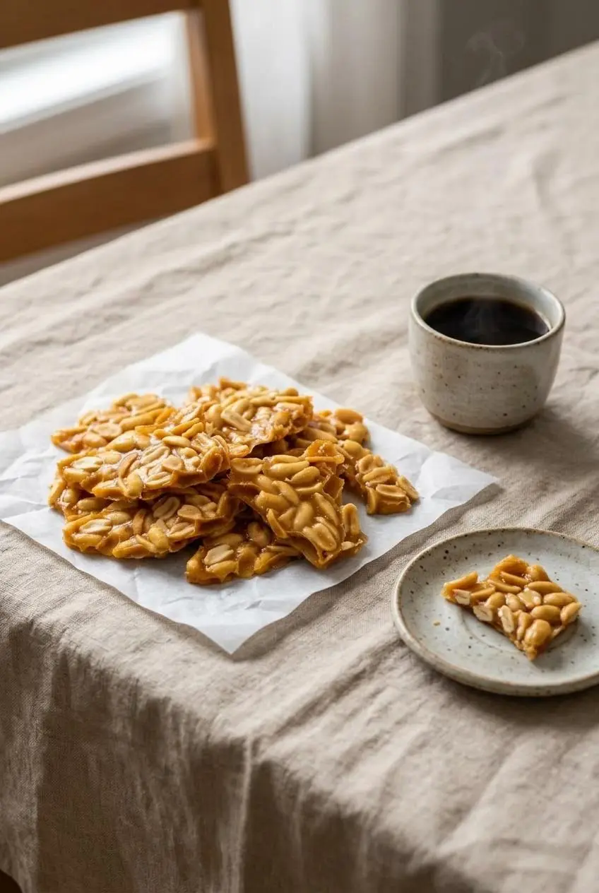 Dish of peanut brittle shards on a beige linen table next to a cup of black coffee with one shard on the saucer.
