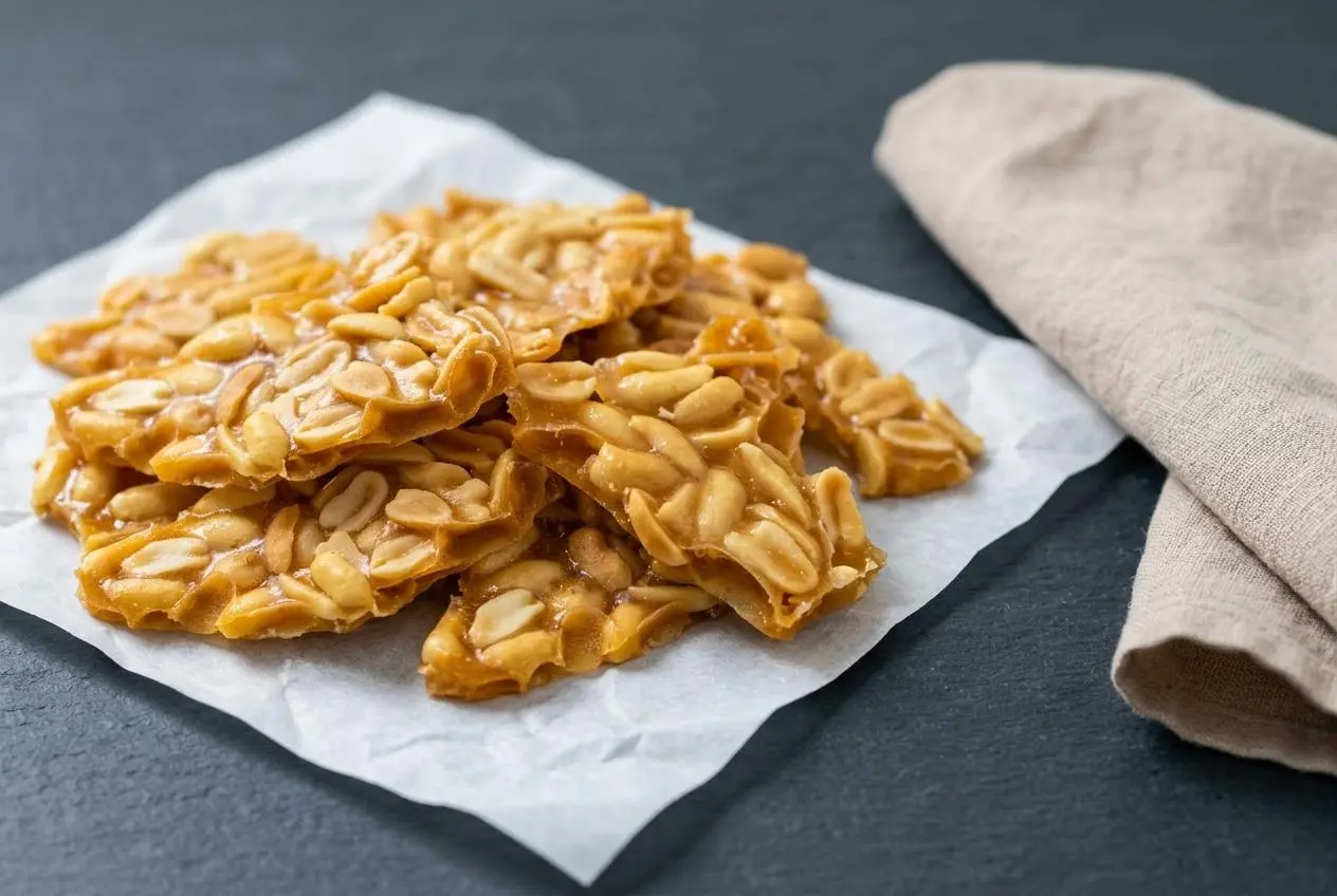 Crisp keto peanut brittle broken into golden shards with roasted salted peanuts and a glossy amber caramel finish.