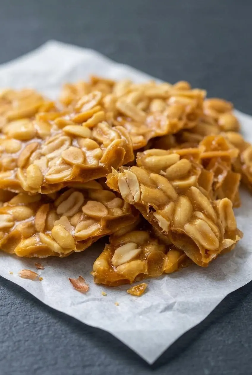 Close-up of broken keto peanut brittle shards showing a smooth, glassy deep brown caramel coating around whole peanuts.
