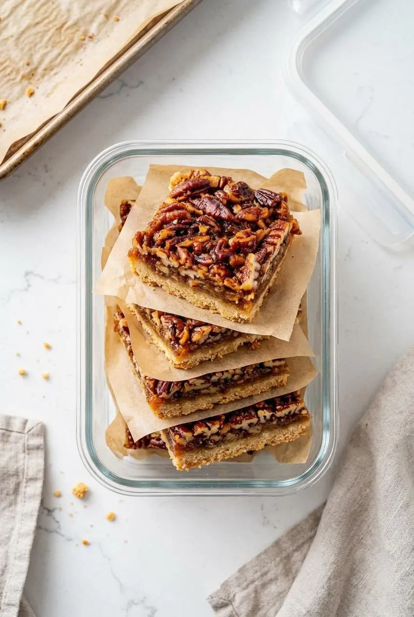 Overhead view of cooled keto pecan pie bars stacked with parchment paper inside a clear glass storage container.