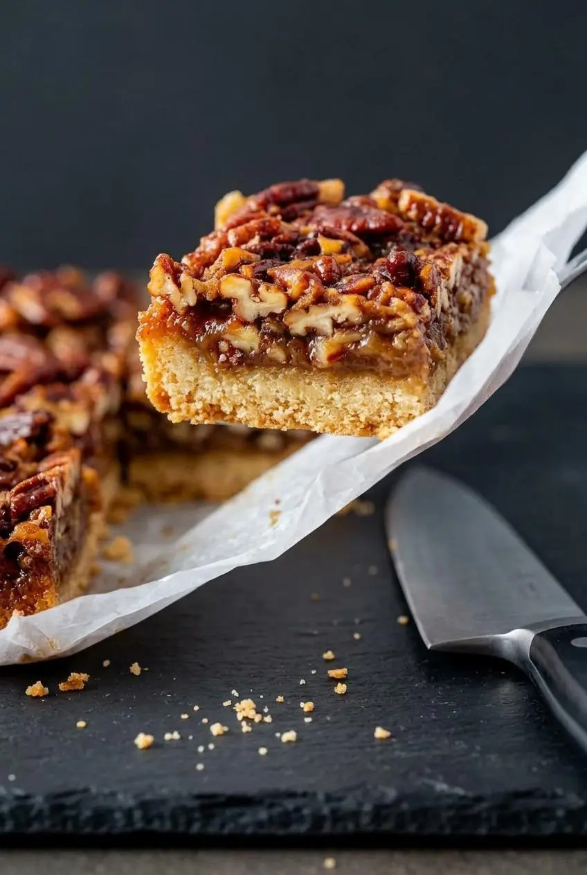 Close-up of a cleanly sliced keto pecan pie bar on parchment paper next to a sharp knife.