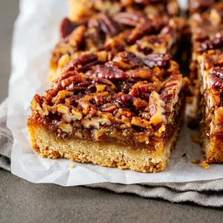 Keto pecan pie bars with a golden almond flour shortbread crust and glossy caramel pecan topping.