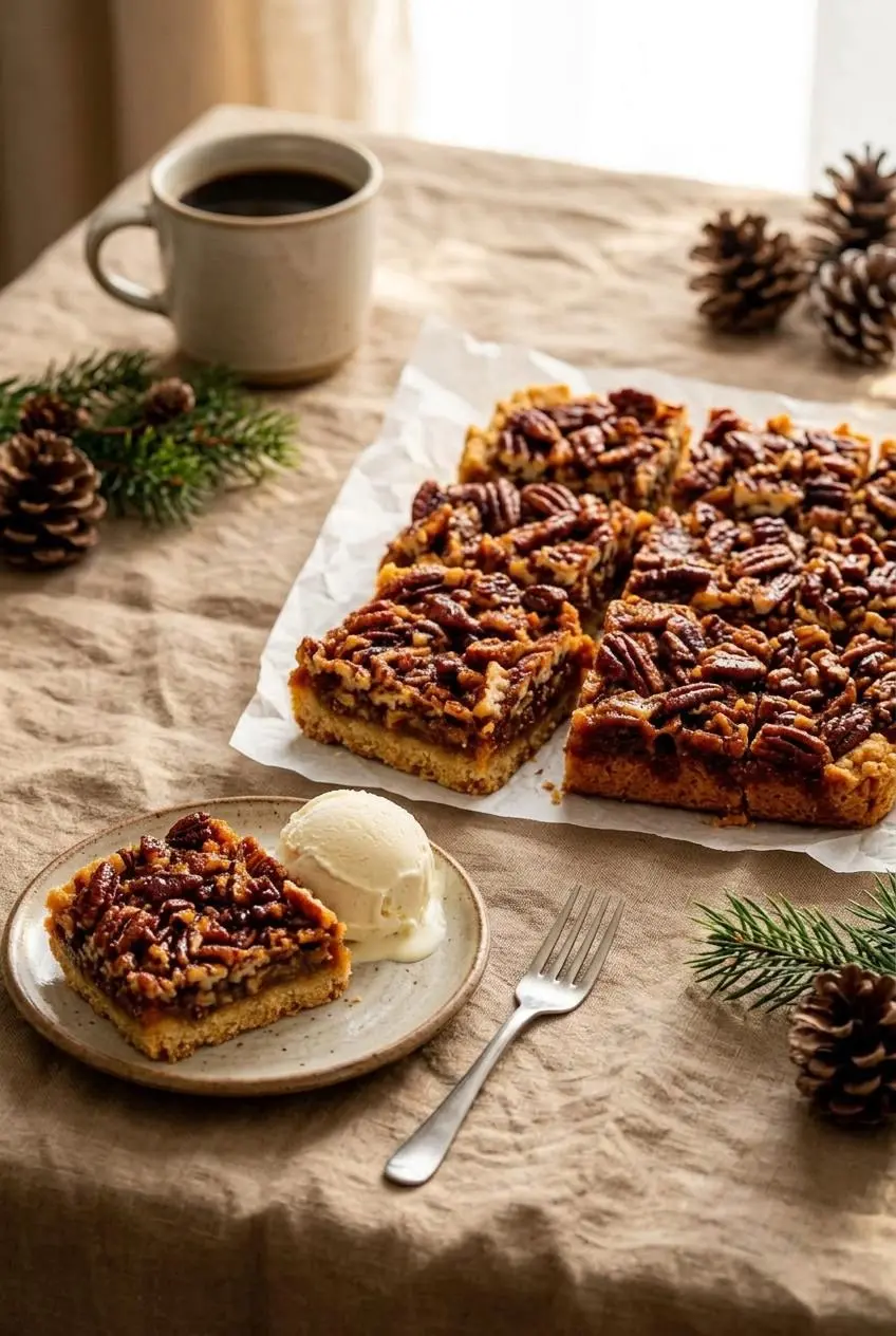 Keto pecan pie bars served on a holiday table alongside a square plated with vanilla ice cream and black coffee.
