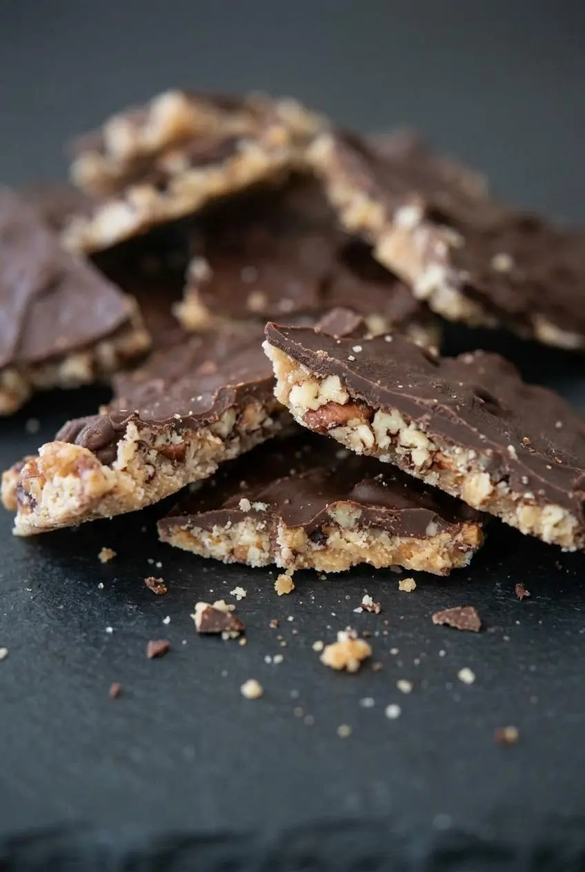 Close-up of broken keto pecan toffee bark showing distinct golden nut base and snapped dark chocolate layers