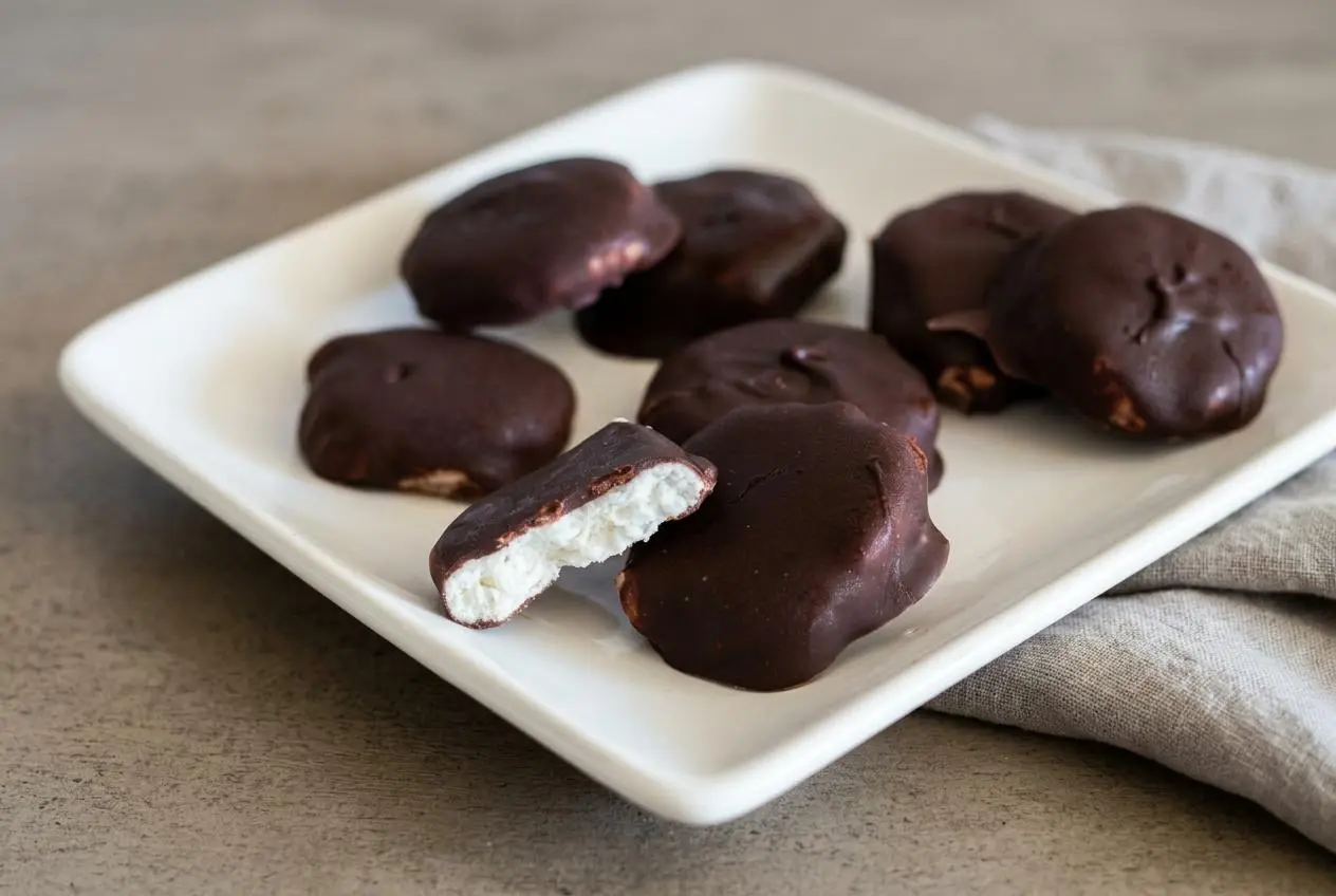 Chilled keto peppermint patties with creamy white mint centers coated in crisp dark chocolate.