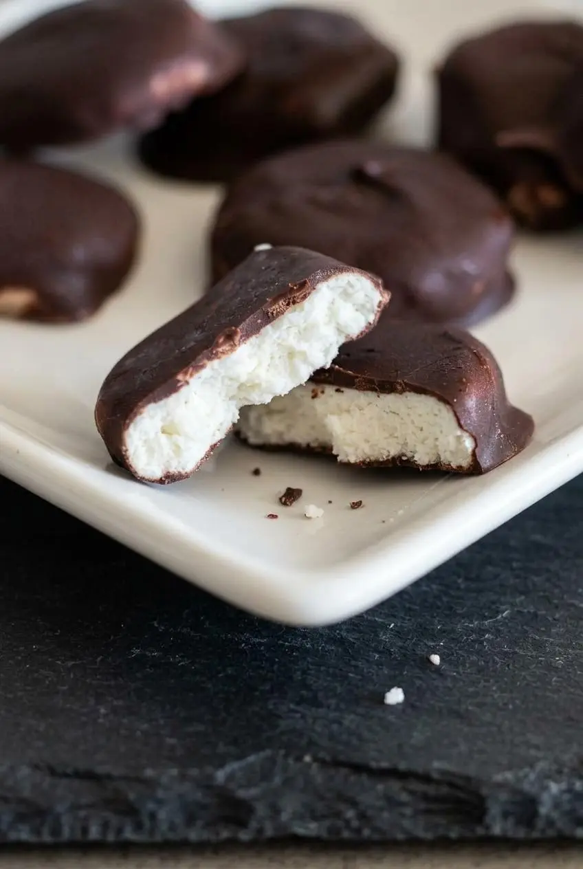 Close-up of a keto peppermint patty broken in half showing the smooth white mint center and crisp dark chocolate shell.